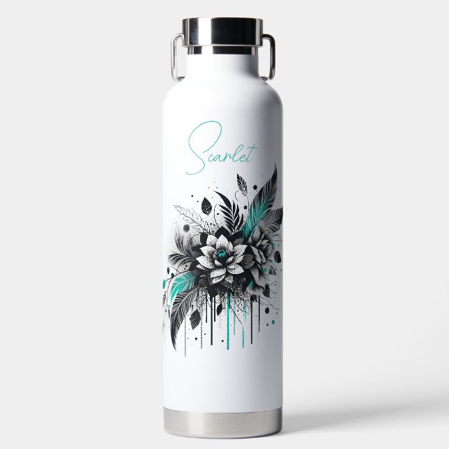 Personalised Black & Teal grafitti style floral Water Bottle (Front)