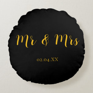 Personalised Black w/ Yellow Mr & Mrs Round Cushion