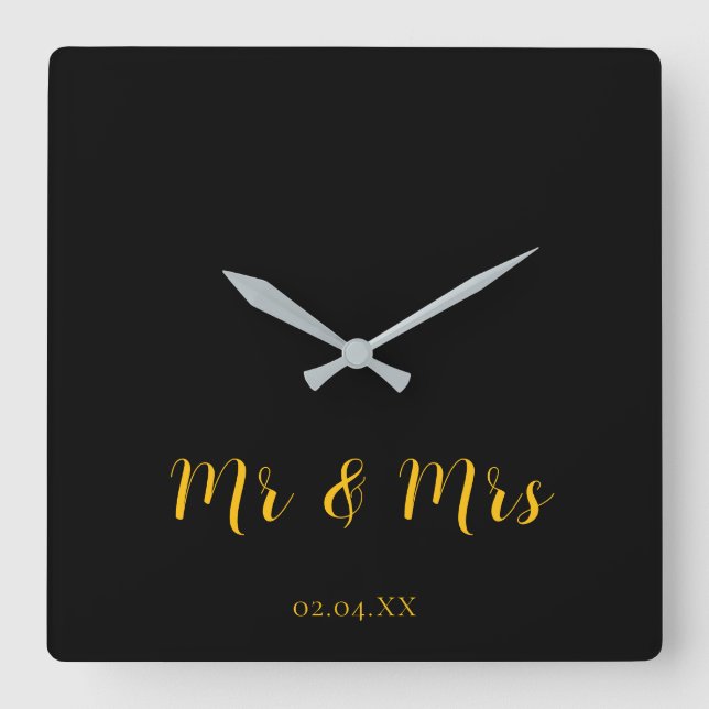 Personalised Black w/ Yellow Mr & Mrs Square Wall Clock (Front)