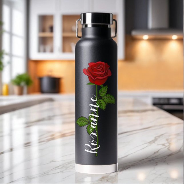 Personalised Black Water Bottle with a Red Rose (Creator Uploaded)
