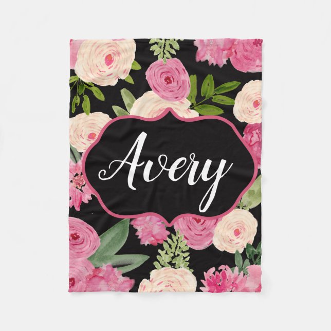 Personalised Black Watercolor Flowers Blanket (Front)