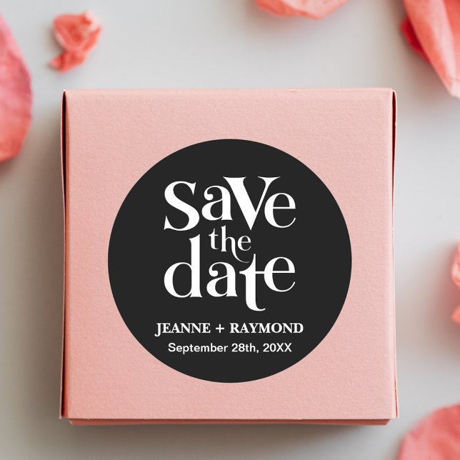 Personalised Black Wedding Save The Date Classic Round Sticker (Creator Uploaded)