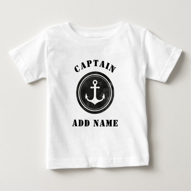 Personalised Black & White Anchor Captain Name Baby T-Shirt (Front)