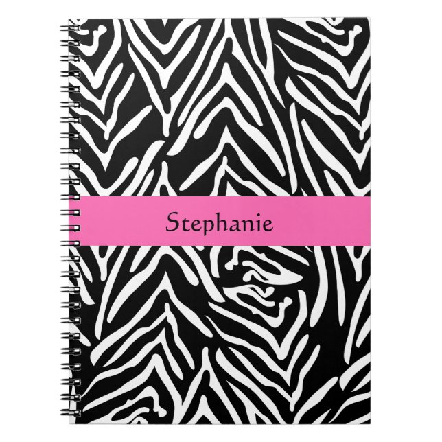 Personalised Black, White and Hot Pink Zebra Print Notebook (Front)