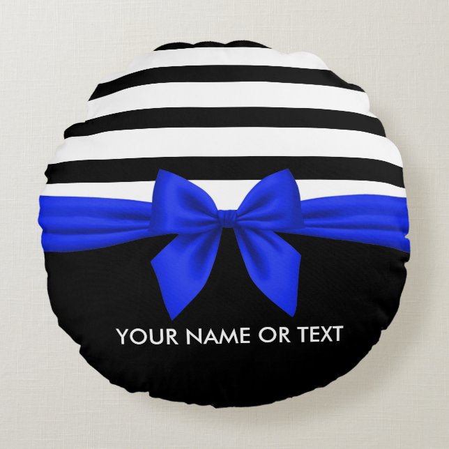 Personalised Black, white Bold Stripes Blue Bow Round Cushion (Front)