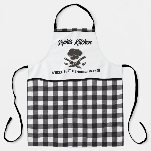 Personalised Black & White Buffalo Plaid Kitchen Apron (Front)