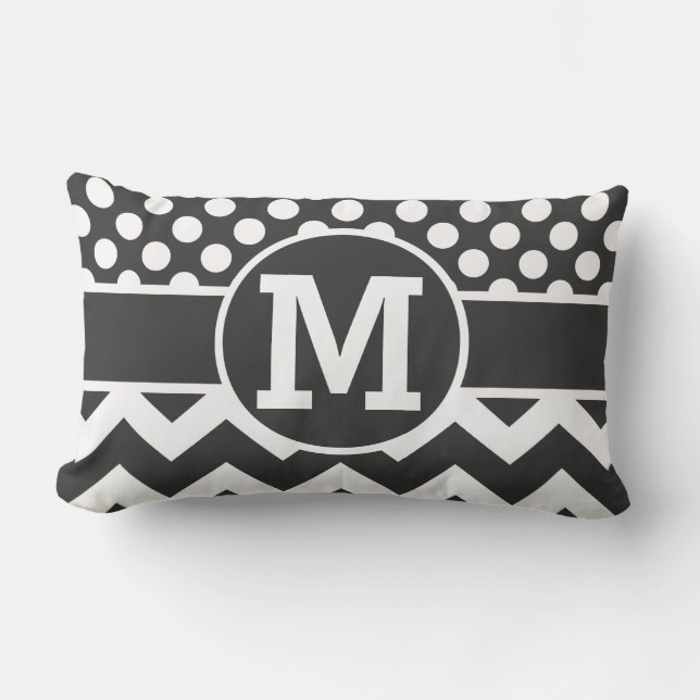 Personalised Black White Chevron Polka Dots Print Lumbar Cushion (Front)