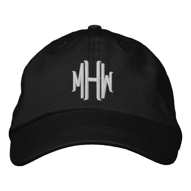 Personalised black white custom monogram initials embroidered hat (Front)