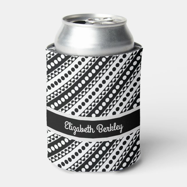 Personalised, Black & White Diagonal Retro Pattern Can Cooler (Can Front)
