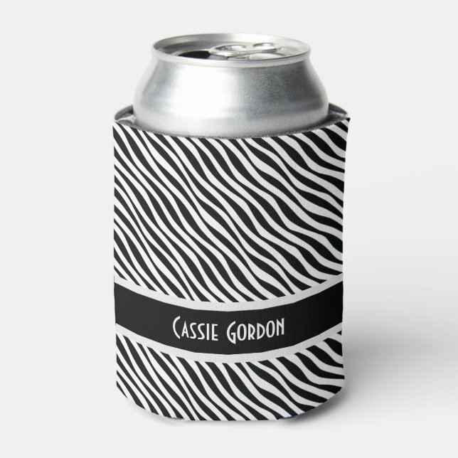 Personalised, Black & White Diagonal Waves Pattern Can Cooler (Can Front)