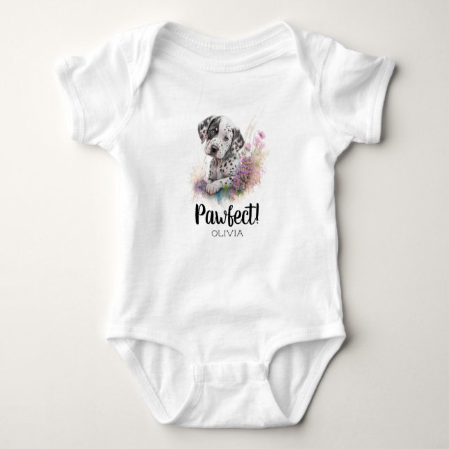 Personalised Black White Dog in Flowers Baby Bodysuit (Front)