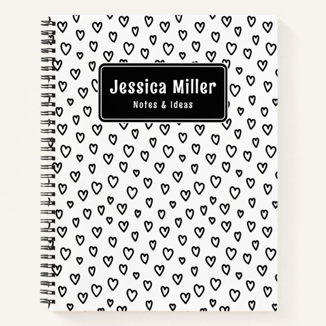 Personalised Black & White Doodle Heart Notebook (Front)