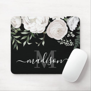 Personalised Black White Floral Name Monogram Mouse Pad