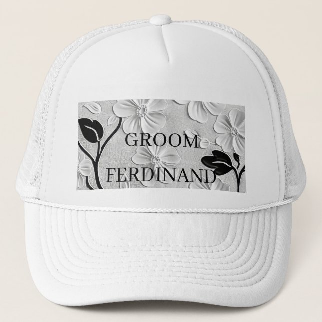 Personalised Black & White Florals GROOM Cap (Front)