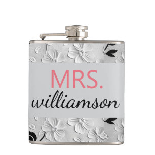 Personalised Black & White Florals MRS. Hip Flask