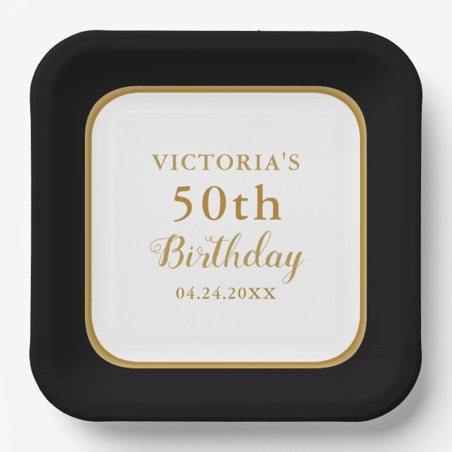 Personalised Black White Gold 50th Birthday Paper Plate (Front)