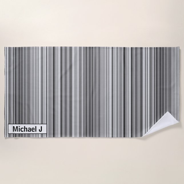 Personalised Black White Grey Striped Pattern Beach Towel (Front)