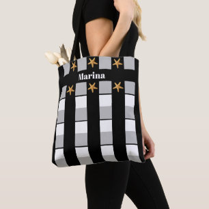 Personalised Black White Grey Stripes w/ Starfish Tote Bag