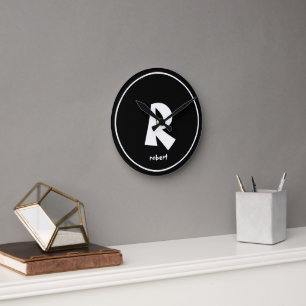 Personalised Black & White Initial Monogam Name Round Clock