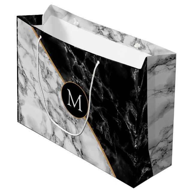Personalised Black White Marble Monogram Gift Bag (Front Angled)
