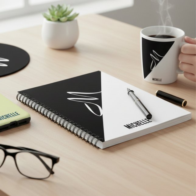 Personalised Black & White Minimal Monogram & Name Notebook (Creator Uploaded)