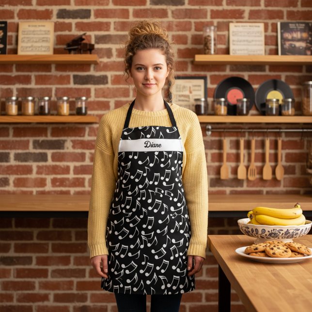 Personalised Black & White Music Apron (Personalized musical notes kitchen apron with custom name. Awesome gift for a music lover and baker.)