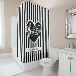 Personalised Black White Music Notes Heart Stripes Shower Curtain