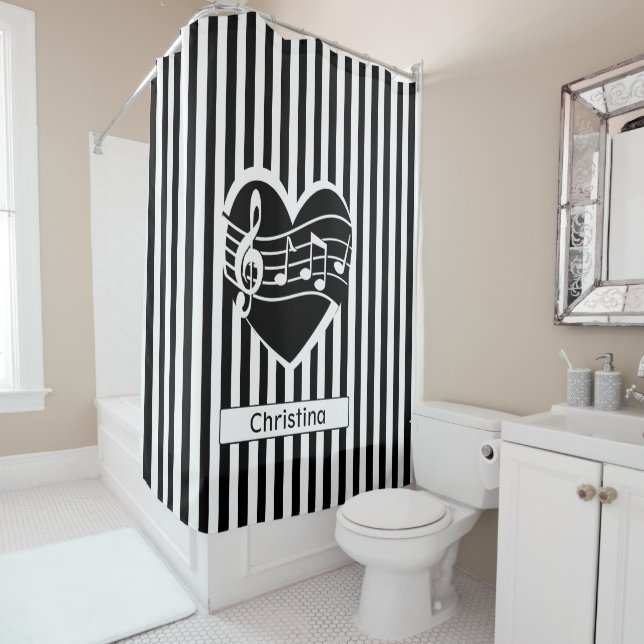 Personalised Black White Music Notes Heart Stripes Shower Curtain (In Situ)