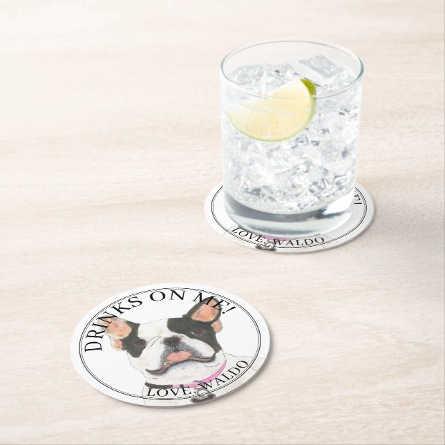 Personalised Black White Pied Frenchie Bulldog Round Paper Coaster (Insitu)