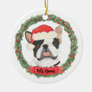 Personalised Black & White Pied Frenchie Christmas Ceramic Ornament
