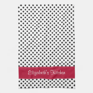 Personalised Black White Polka Dot Red Tea Towel