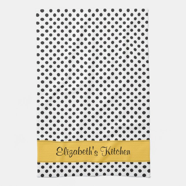 Personalised Black White Polka Dot Yellow Tea Towel (Vertical)