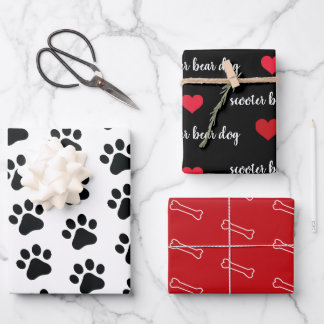 Personalised Black White Red Dog Themed Holiday  Wrapping Paper Sheet