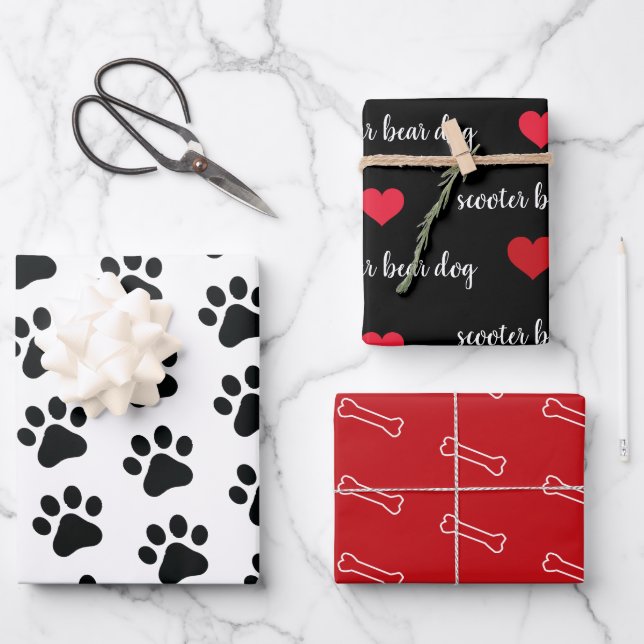 Personalised Black White Red Dog Themed Holiday  Wrapping Paper Sheet (Front)