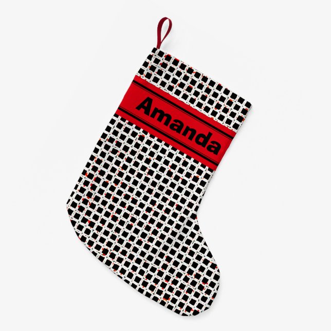 Personalised Black White Red Elegant Pattern Small Christmas Stocking (Front (Hanging))