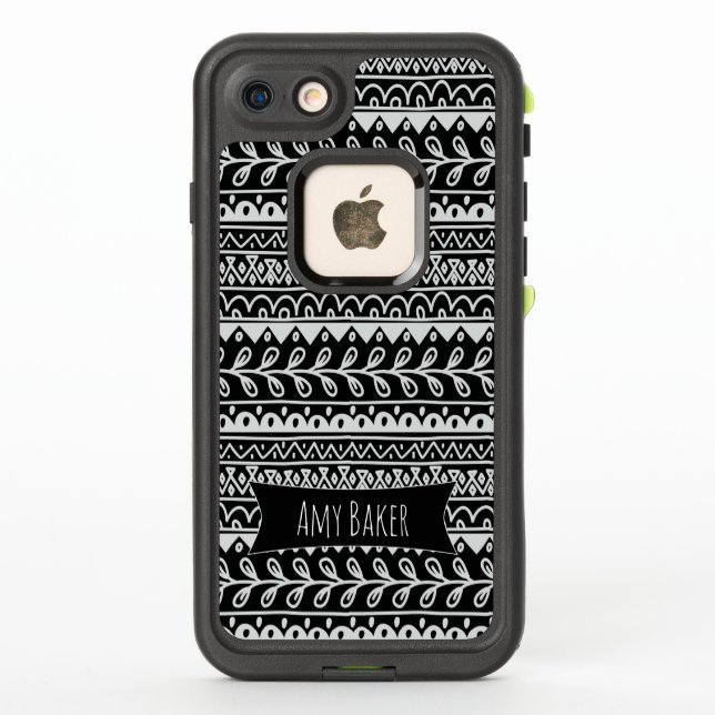 Personalised Black & White Rows of Doodle Patterns LifeProof iPhone Case (Back)