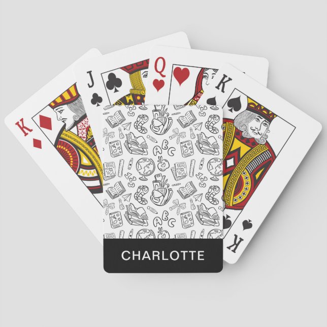 Personalised Black & White School Doodle Playing Cards (Back)