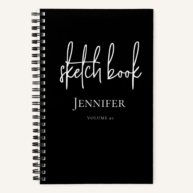 Personalised Black White Script Name Sketchbook Notebook (Front)