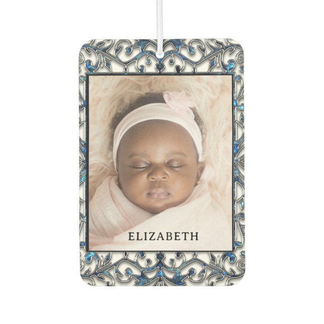 Personalised Black & White Scrollwork w/ Image Car Air Freshener (Front)