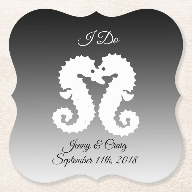 Personalised Black  White Seahorse Wedding Coaster (Front)