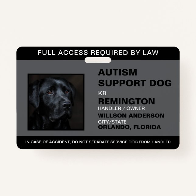 Personalised black White Service Dog Photo ID ID Badge (Front)