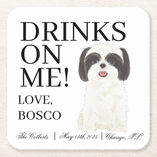 Personalised Black White Shih Tzu Wedding Square Paper Coaster (Front)