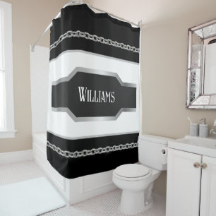 Personalised Black, White & Silver Metallic Shower Curtain
