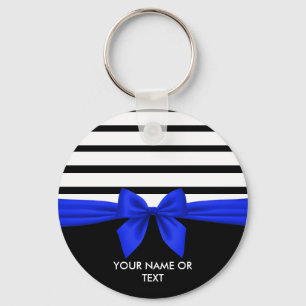 Personalised Black white Stripe Christmas Blue Bow Key Ring