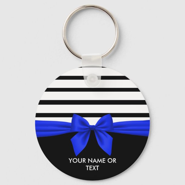 Personalised Black white Stripe Christmas Blue Bow Key Ring (Front)