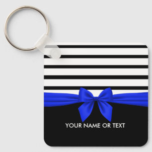 Personalised Black white Stripe Christmas Blue Bow Key Ring