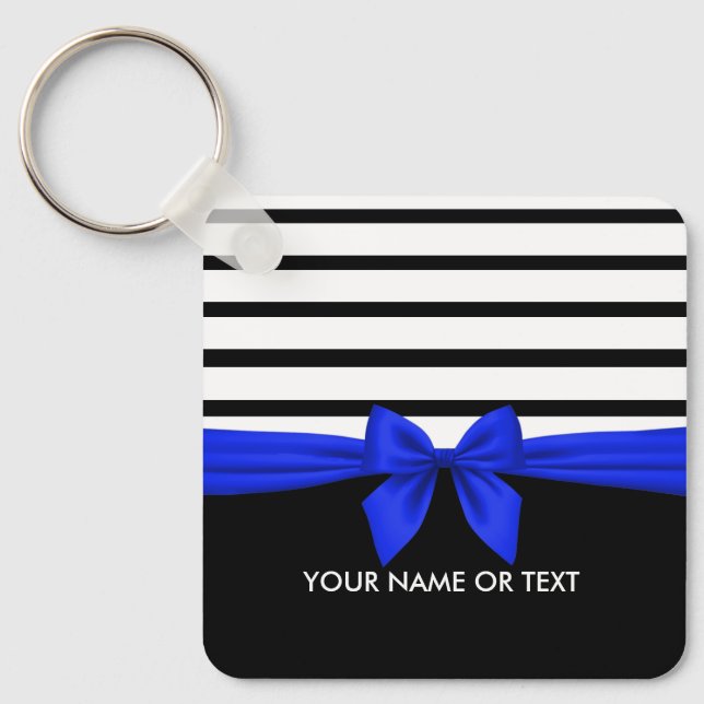 Personalised Black white Stripe Christmas Blue Bow Key Ring (Front)