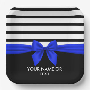 Personalised Black white Stripe Christmas Blue Bow Paper Plate