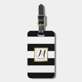 Personalised Black & White Striped Gold Monogram Luggage Tag