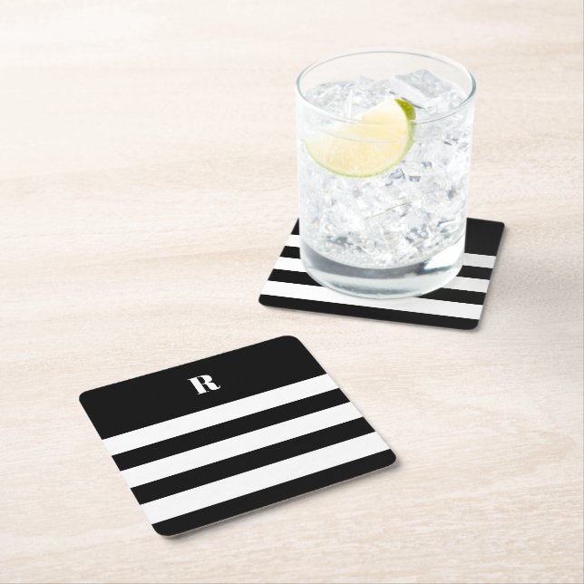 Personalised Black & White Striped Square Paper Co Coaster (Insitu)